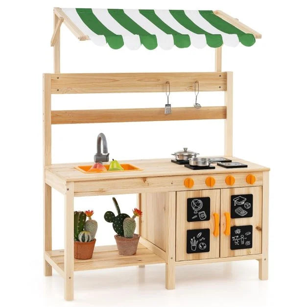 Outdoor Kids Pretend Kitchen Toy with Wooden Canopy and 4 Stoves