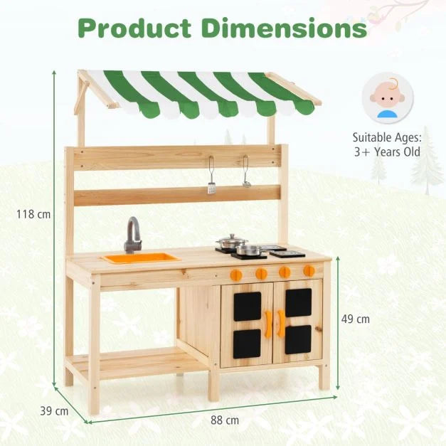 Outdoor Kids Pretend Kitchen Toy with Wooden Canopy and 4 Stoves