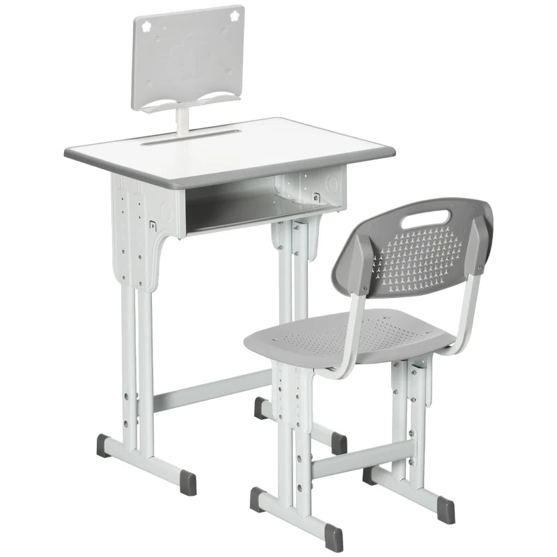 Grey Kids Desk & Chair Set, Adjustable with Book Stand & Pen Slot