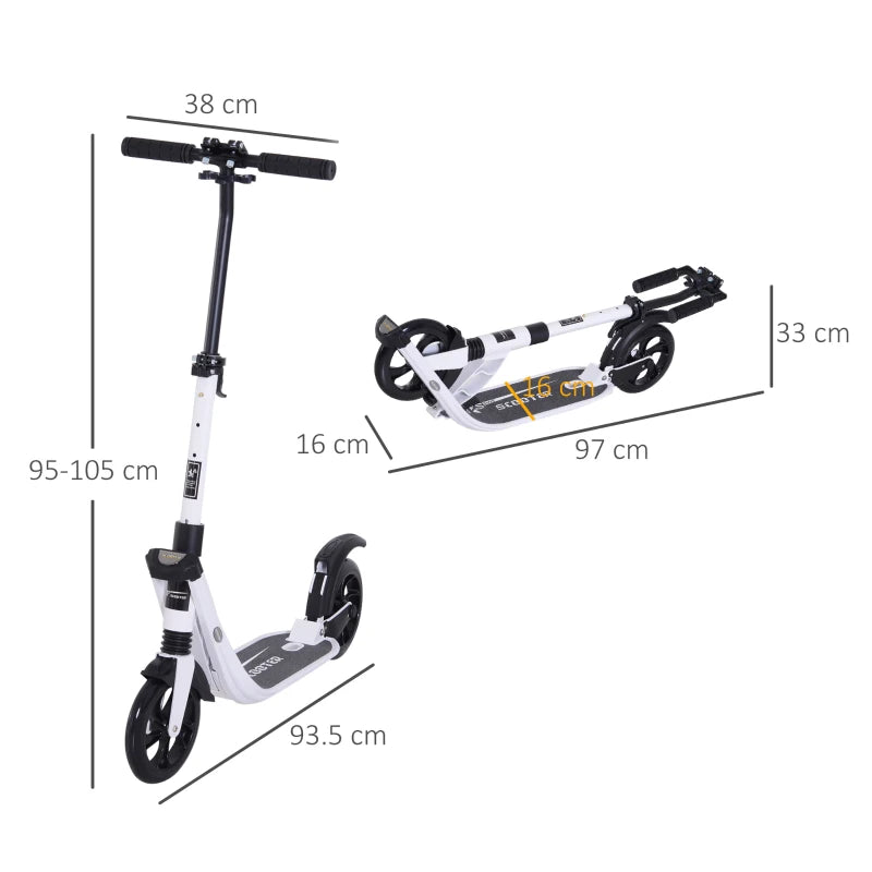Kick Scooter with Rear Brake & Big Wheels – Foldable, White