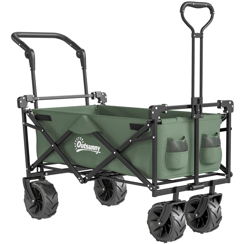 Outdoor Folding Trolley Cart with Overhead Canopy, 4 Wheels & Handle for Beach and Camping – Green