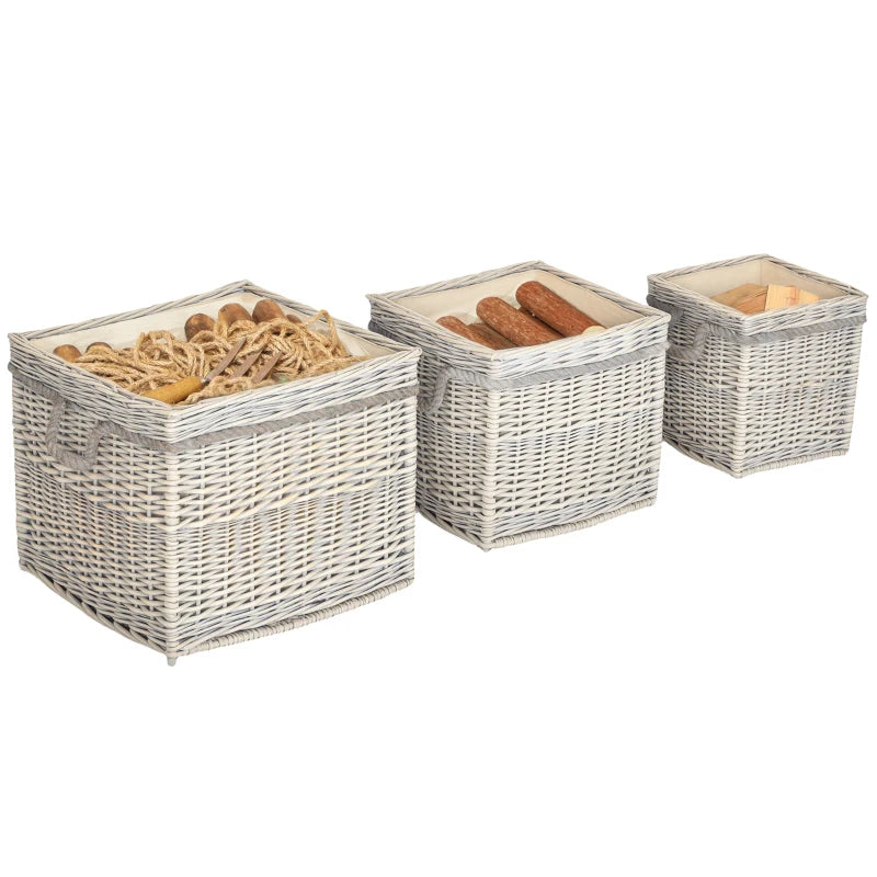 Beige Set of 3 Round Log Baskets with Lining and Rope Handles for Wood or Blanket Storage