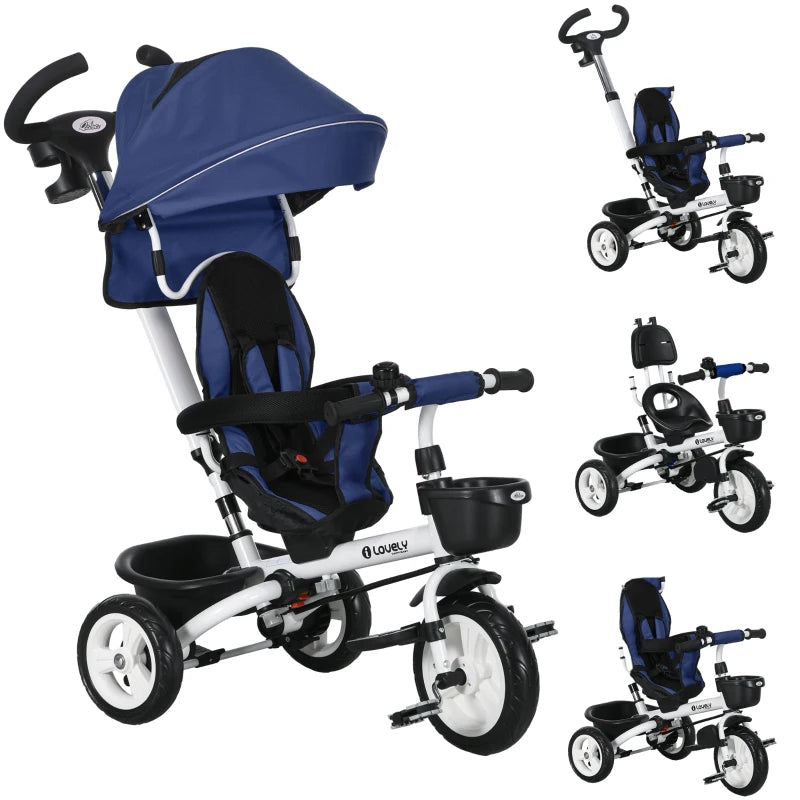 Baby Push Tricycle 6-in-1 with Parent Handle, Metal Frame – Dark Blue, 1 to 5 Years