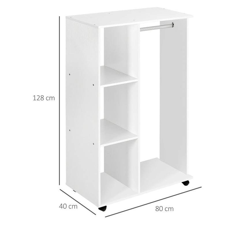 Bedroom Wardrobe with Hanging Rail, 3 Shelves & Wheels, White Finish