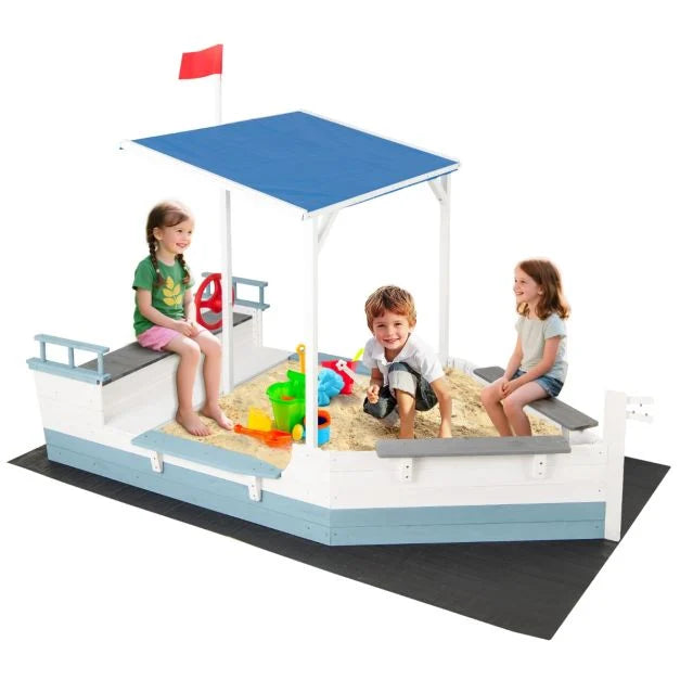 Pirate-Themed Sandbox with Canopy, Bench Seats, Rudder & Flag