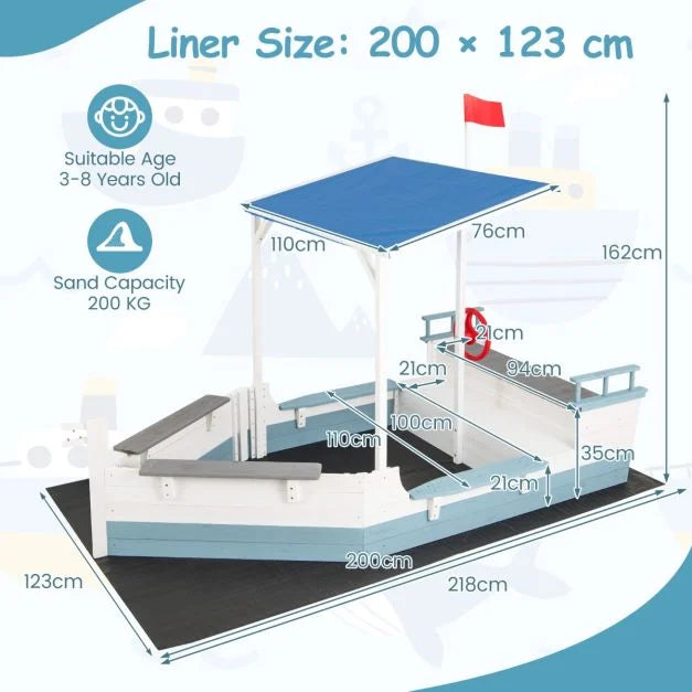 Pirate-Themed Sandbox with Canopy, Bench Seats, Rudder & Flag
