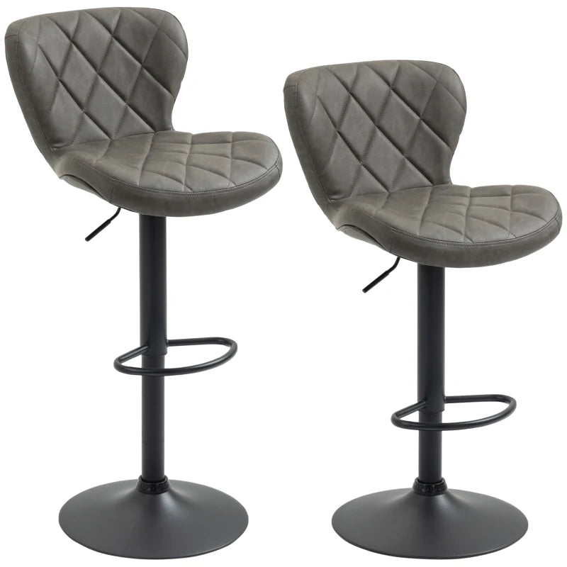 Bar Stools 2-Pack, PU Leather, Diamond Stitch, Swivel, Steel Legs, Dark Grey