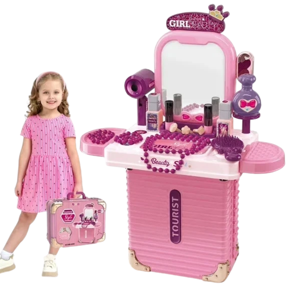 Pretend Beauty Makeup Suitcase Trolley Table Vanity Playset Girls Salon Toy Set with Accessories