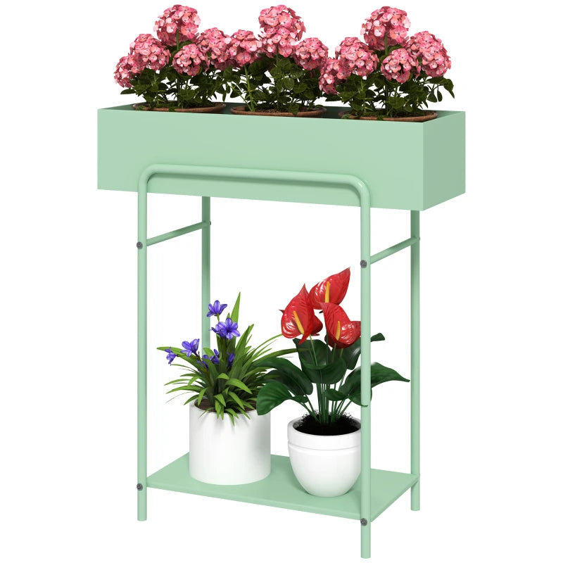 Metal 2-Tier Plant Shelf with Drain Holes, Green Stand for Garden, Patio, or Living Room