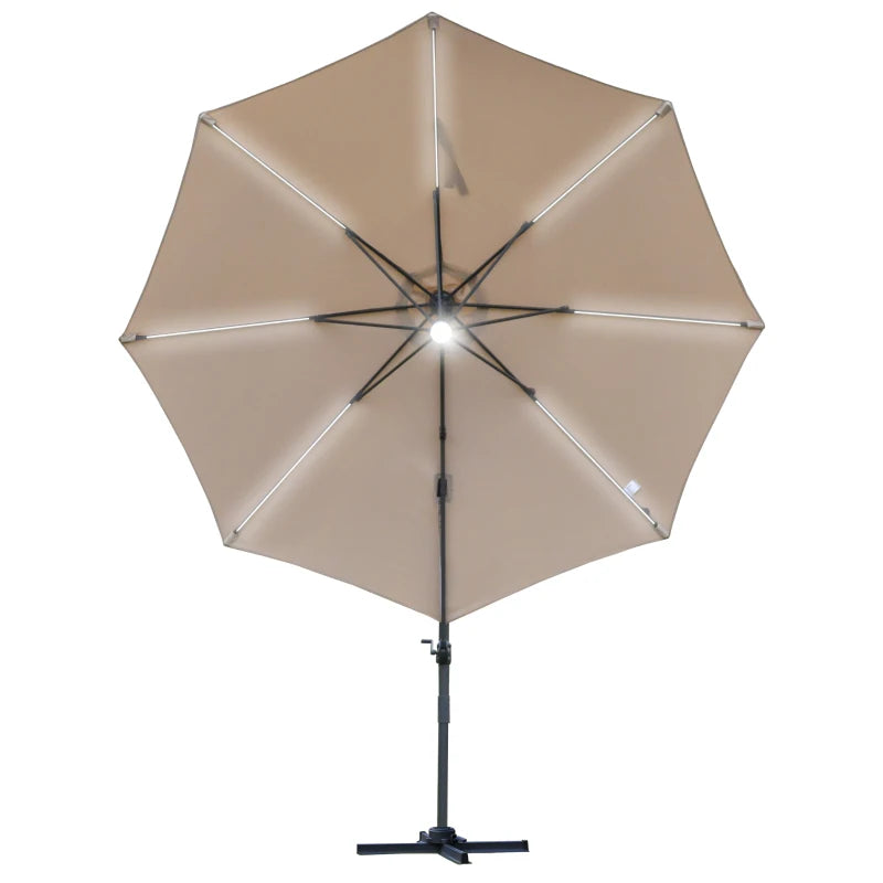 Stylish Brown Outdoor Cantilever Parasol with Solar LED Lights and Durable Base, 3m