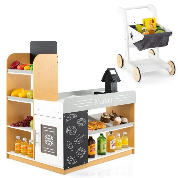 Pretend Play Grocery Store Set with Shopping Cart & 2 Chalkboards