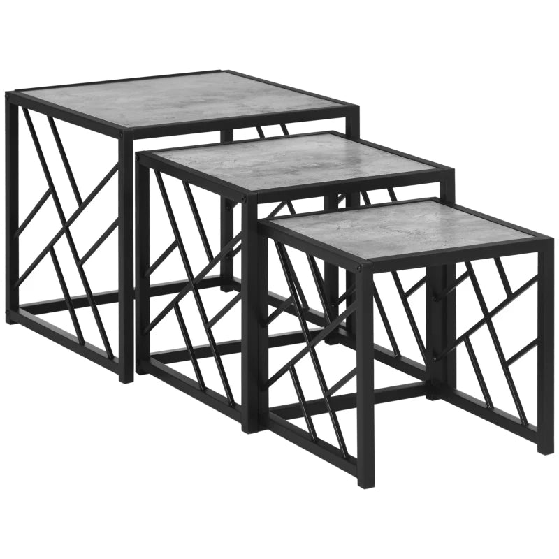 Set of 3 Grey Nesting Side Tables with Black Metal Frame for Home