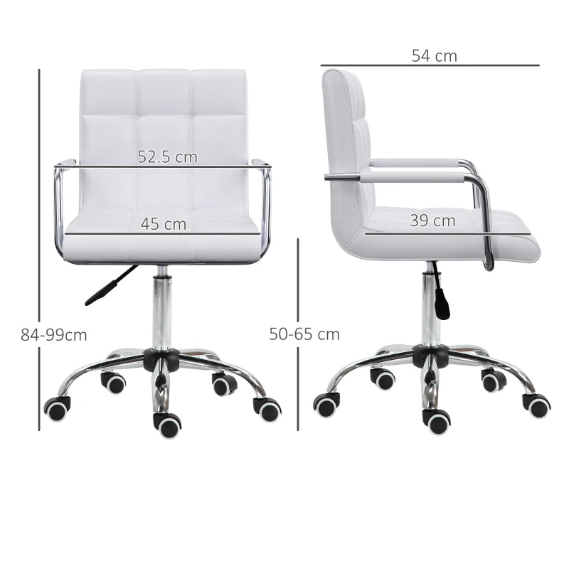 Rolling Study Chair with Armrests – White PU Leather Swivel Chair