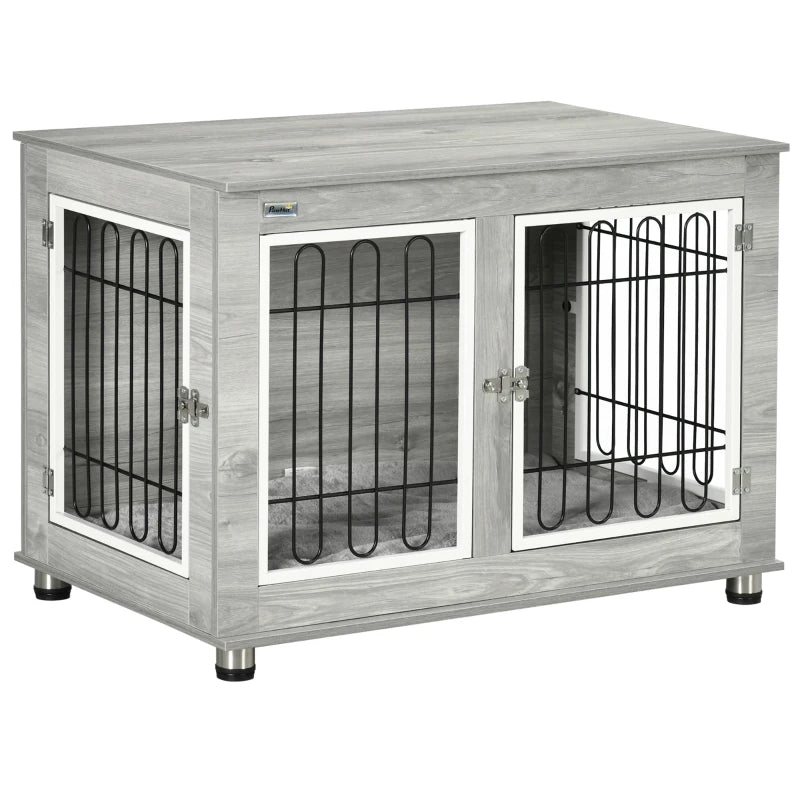 Dog Crate End Table with Cushion & Doors – Grey