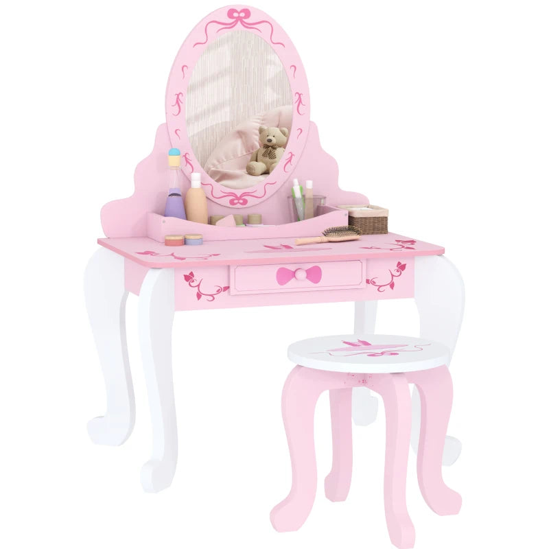Kids Vanity Set, Pink Dressing Table with Drawer, Mirror & Stool