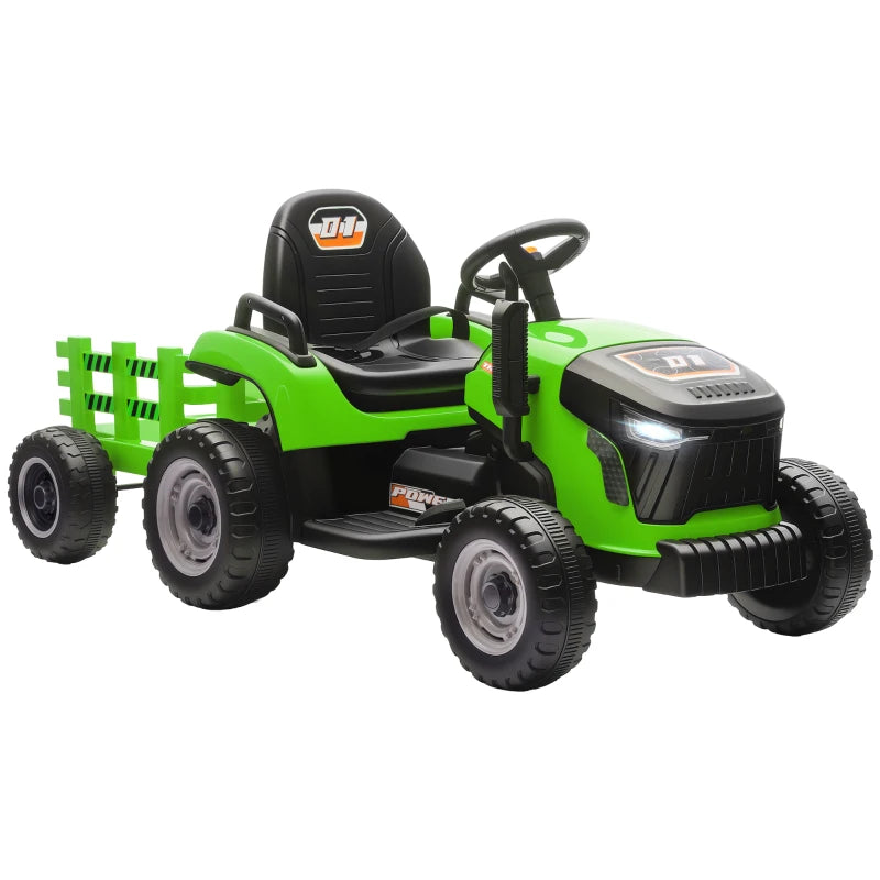 Ride-On 12V Tractor with Trailer, Remote Control, Music, and Shifter for Kids 3-8 Years