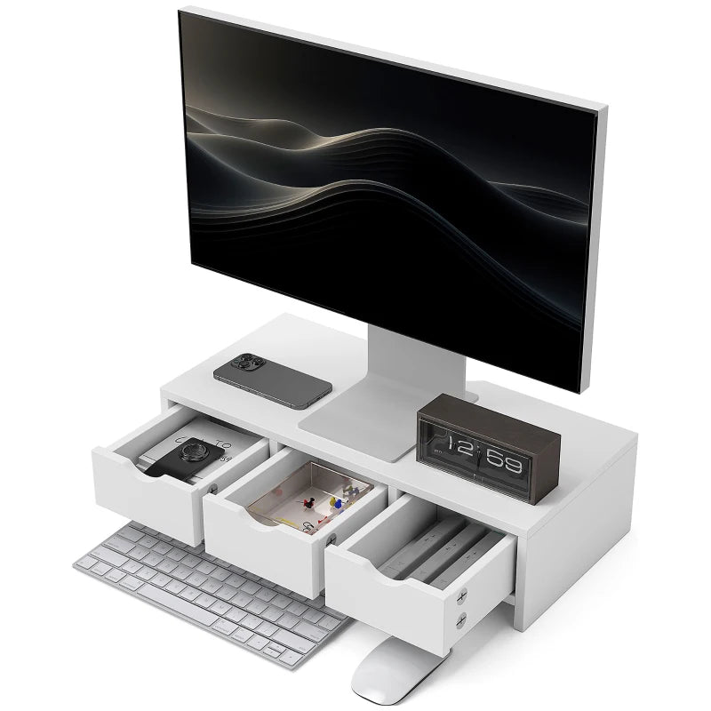 White Monitor Riser – 3 Drawers for Laptop & PC, 51x24x13cm