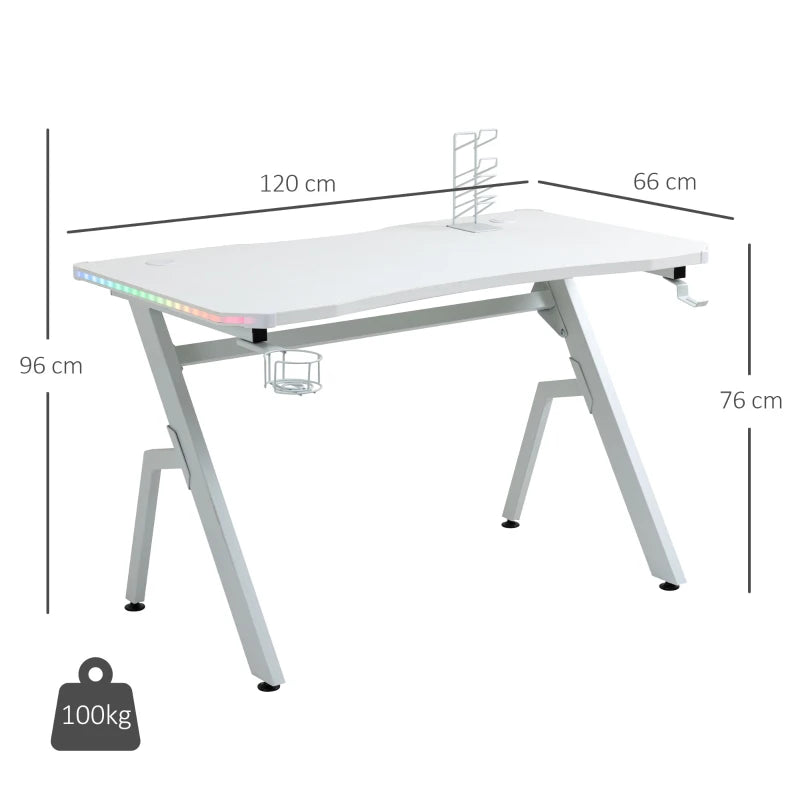 Gaming Desk with Controller Rack & LED Lights – White