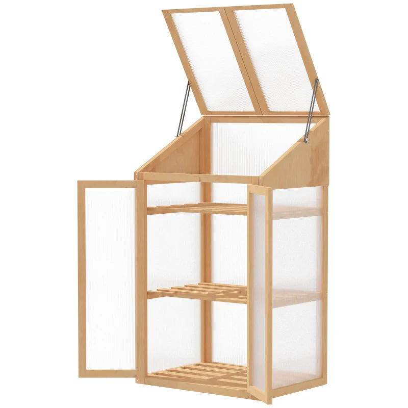 Wooden Cold Frame Polycarbonate Greenhouse with Openable Top & Double Door, Grey, 70x50x120cm