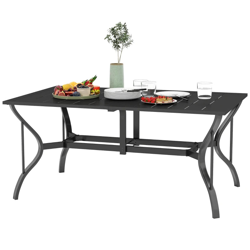 Rectangle Garden Dining Table with Parasol Hole, Steel Frame & Slat Top, 150x90cm