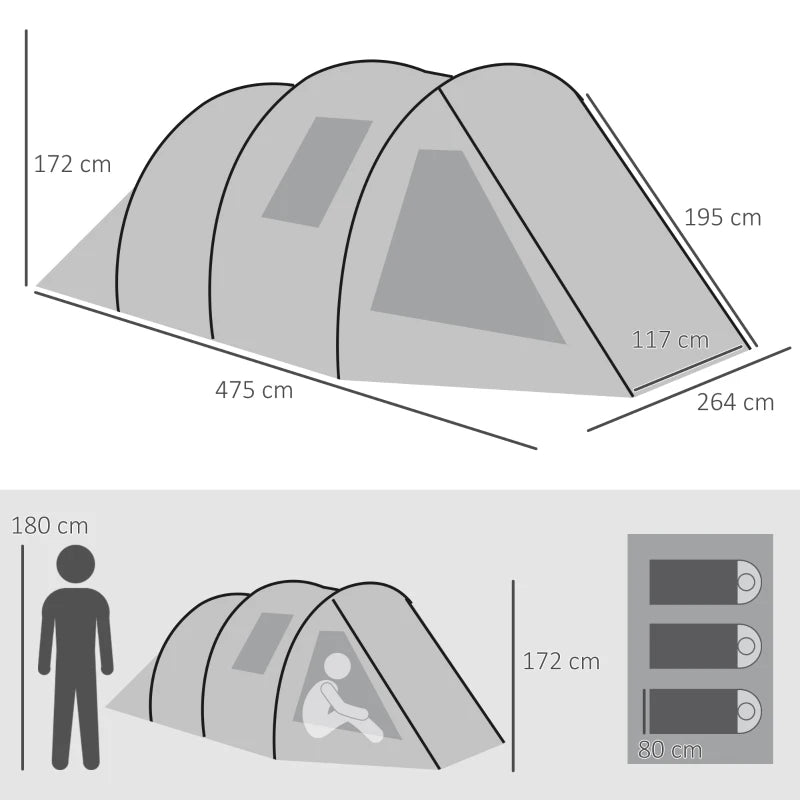 Two Room Tunnel Camping Tent – Lightweight, Carry Bag Included, Green