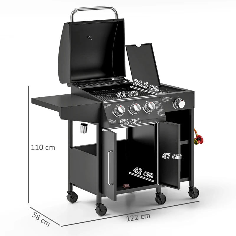 BBQ Grill with Storage Cabinet, Shelves, Thermometer & Wheels for Garden Parties 9.5 kW