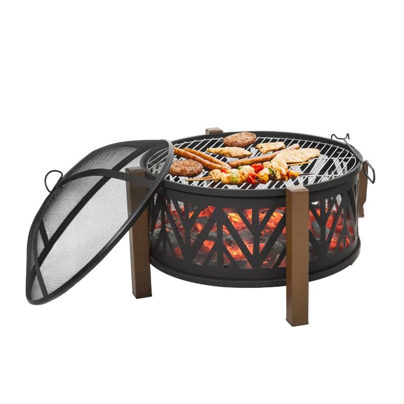 Metal Firepit Bowl Outdoor 2-in-1 with Lid, BBQ Grill & Poker, Black 78x78x60cm