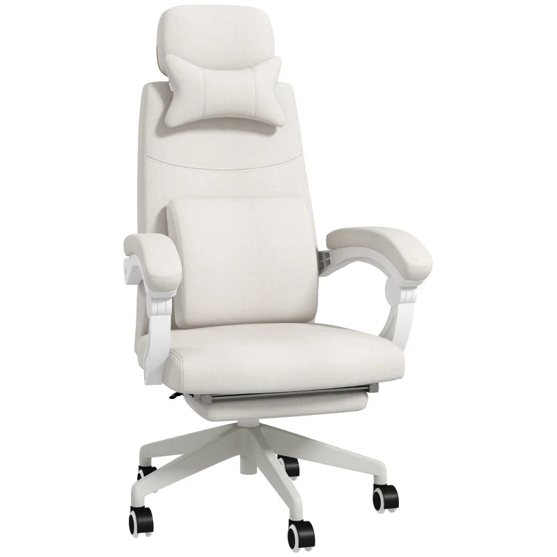 Reclining Office Chair with Linen Finish & Footrest – White