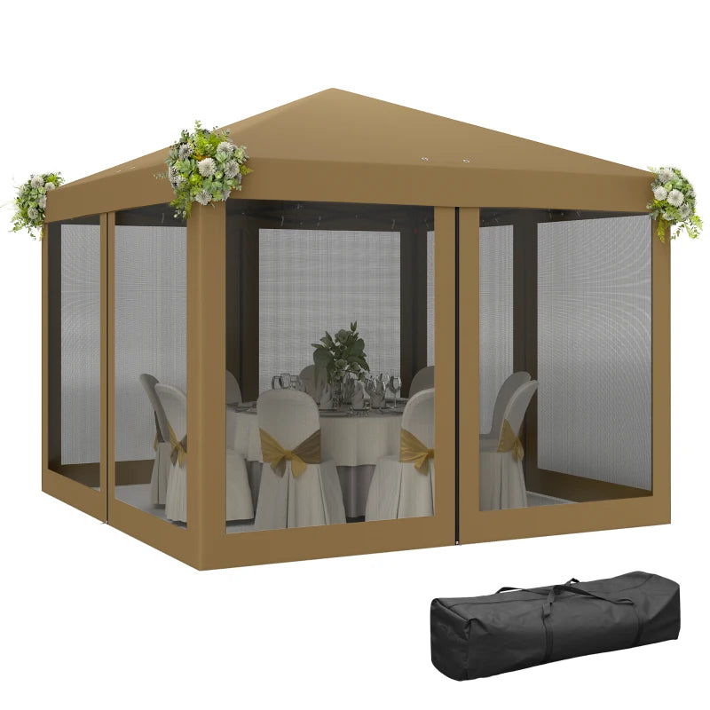Khaki Garden Tent Canopy with Removable Mesh Sidewall and Carry Bag, 3 x 3m Pop Up Gazebo