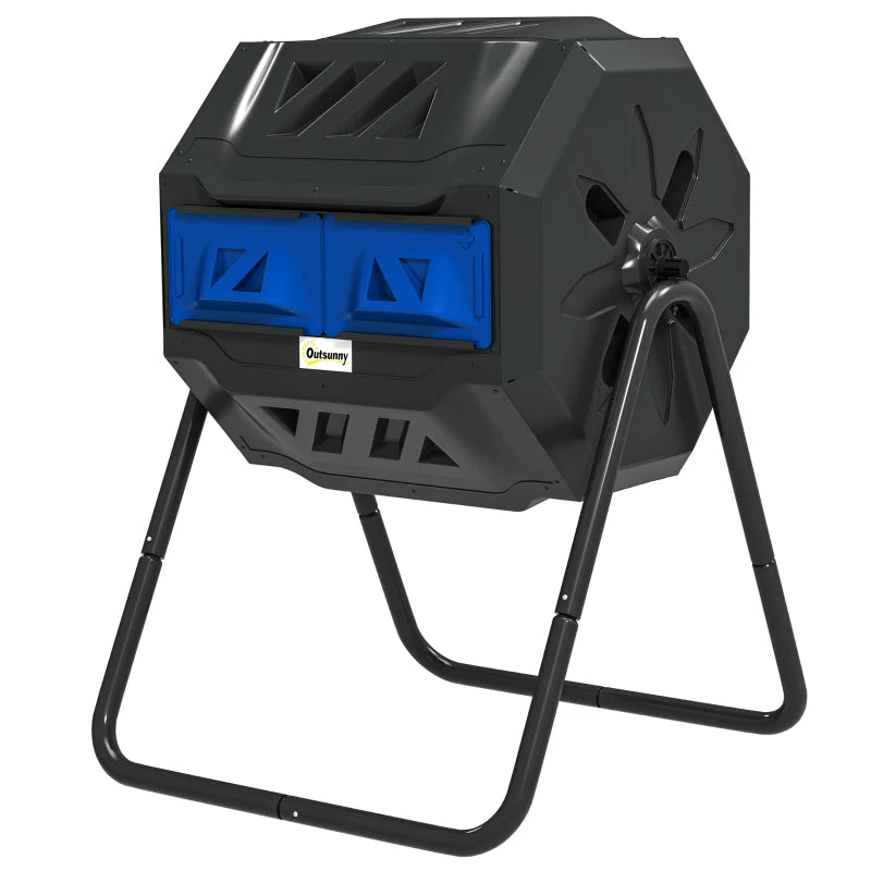 Outdoor 360° Rotating Dual Chamber Composter Durable Compost Bin, 160L Capacity, Blue