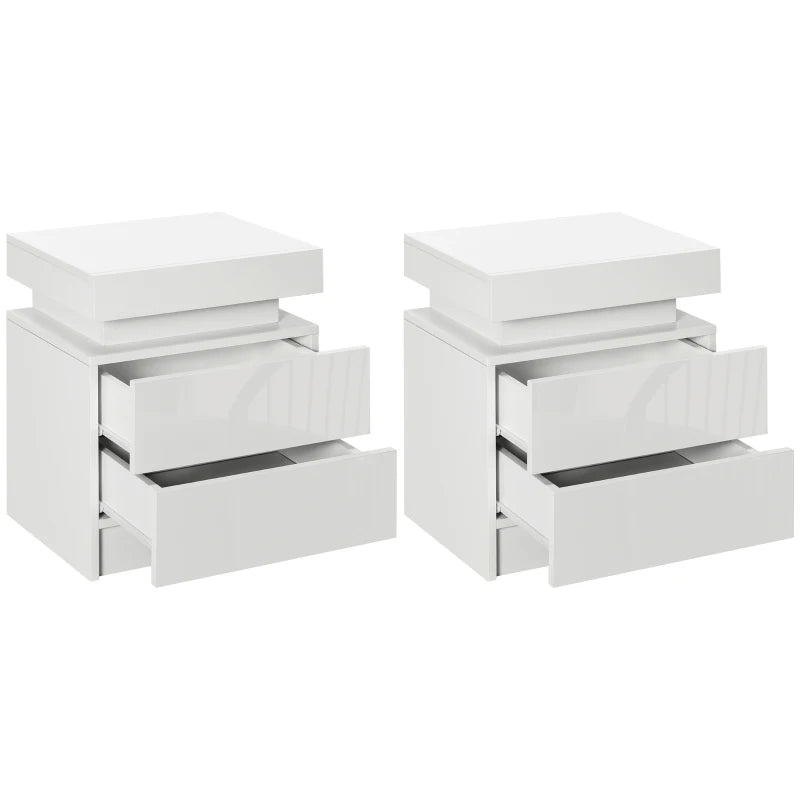 Set of 2 White Nightstands with LED Lights, 4 Drawers – High Gloss Finish