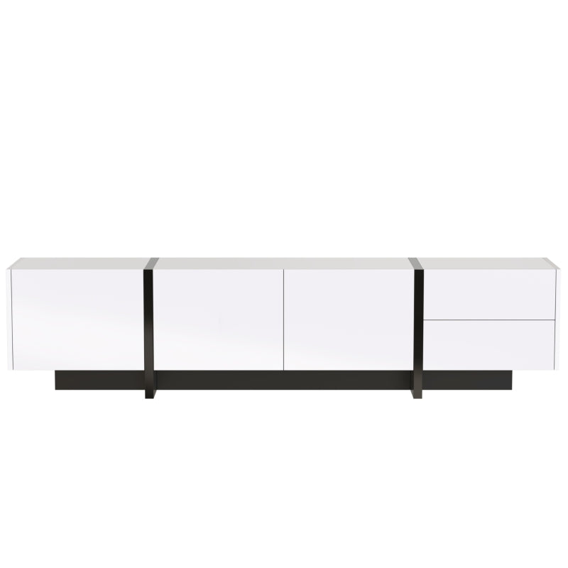 White Gloss TV Cabinet – 190cm Modern Unit with Black Accents, Doors & Drawers