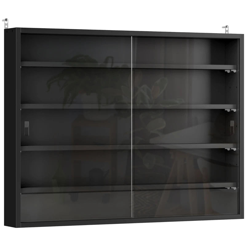Black Wall Cabinet with Glass Doors, 5-Tier, 60x80cm Display