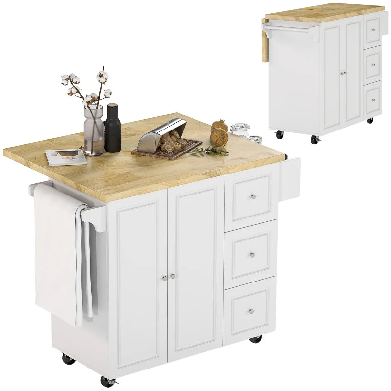 Utility Kitchen Island Cart with Drop-Leaf Top & Cabinet Storage - White