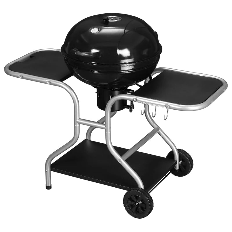 Portable Charcoal Kettle Grill with Trolley, Wheels, Shelf & Hooks - Black Outdoor BBQ