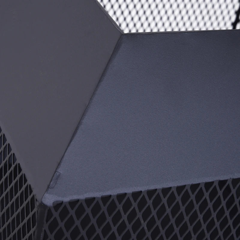 Square Metal Fire Pit with Mesh Cover, Log Grate & Poker for Bonfires, 44x44x40cm