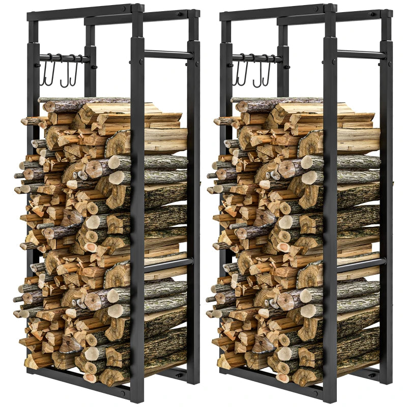 Metal Firewood Rack Set of 2 with Retractable Design and Hooks, Black, 65x25x150 cm