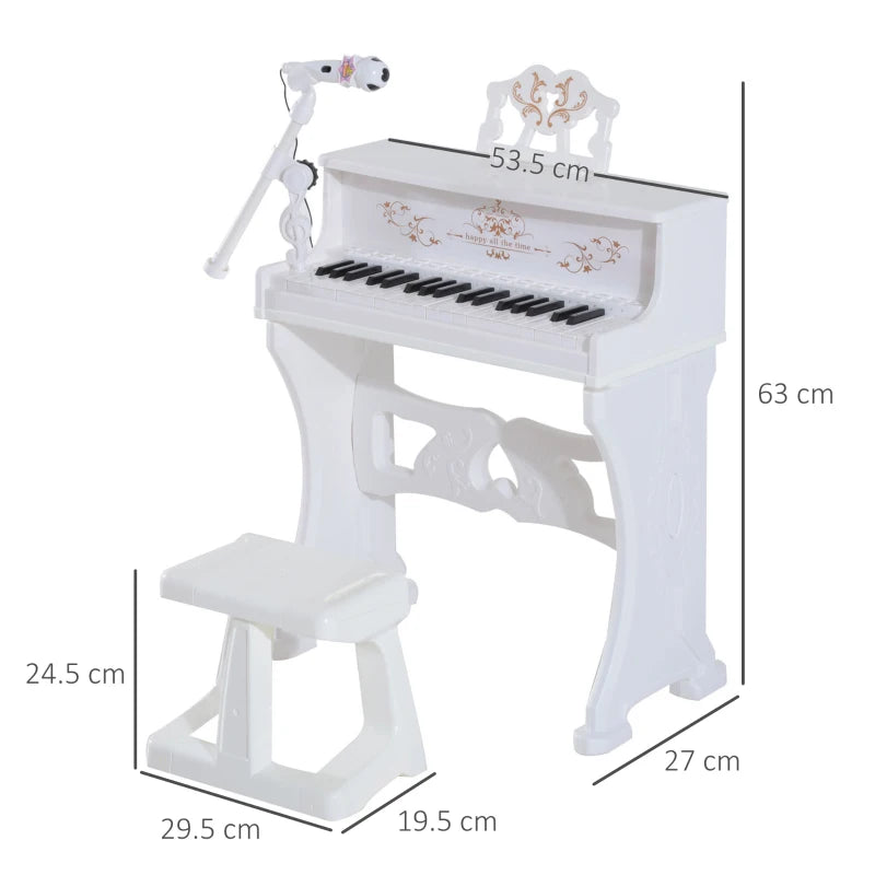 White Mini Piano Keyboard for Kids with 37 Keys, Stool, Microphone & Music Stand