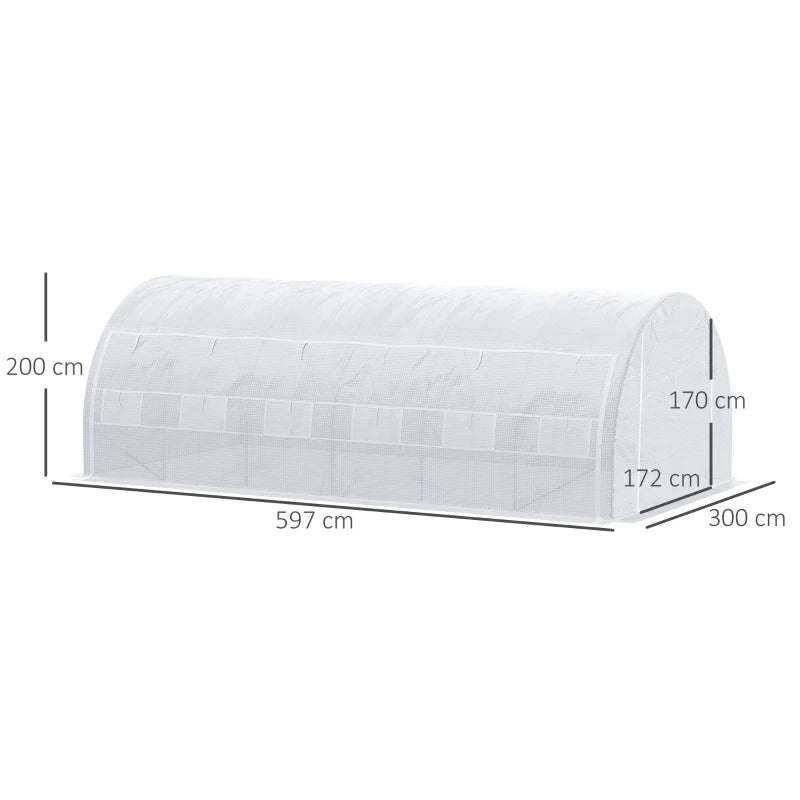 Polytunnel Greenhouse with Roll-Up Side Walls, Zipped Door & Mesh Windows 6 x 3 x 2 m, White
