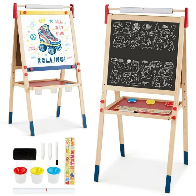 2-in-1 Double-Sided Kids Art Easel with Chalkboard and Tray for Drawing