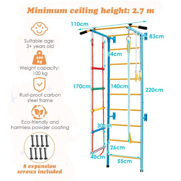 Swedish Ladder Gym Set with Pull-Up Bar, Climbing Frame, Ropes & Rings