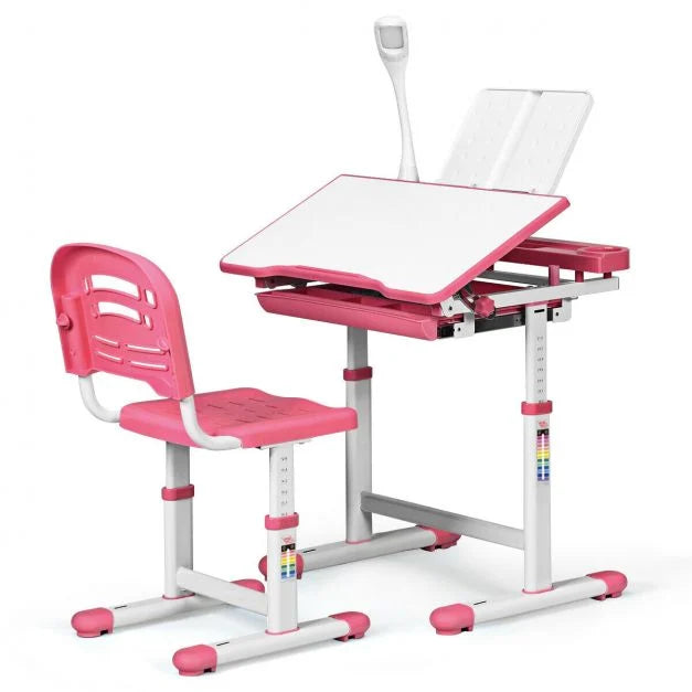 Kids Height-Adjustable Ergonomic Study Desk Set with Built-In Lamp