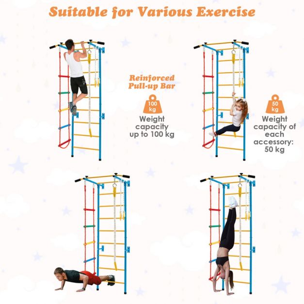 Swedish Ladder Gym Set with Pull-Up Bar, Climbing Frame, Ropes & Rings