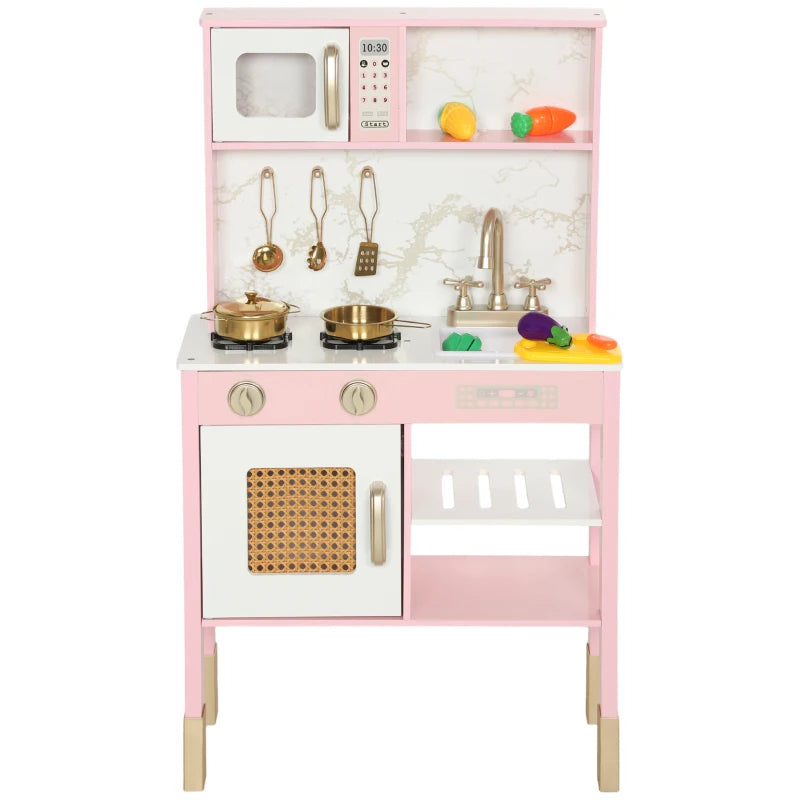 Play Kitchen with Oven, Microwave, Sink & Pretend Cooking Accessories for Kids, Pink