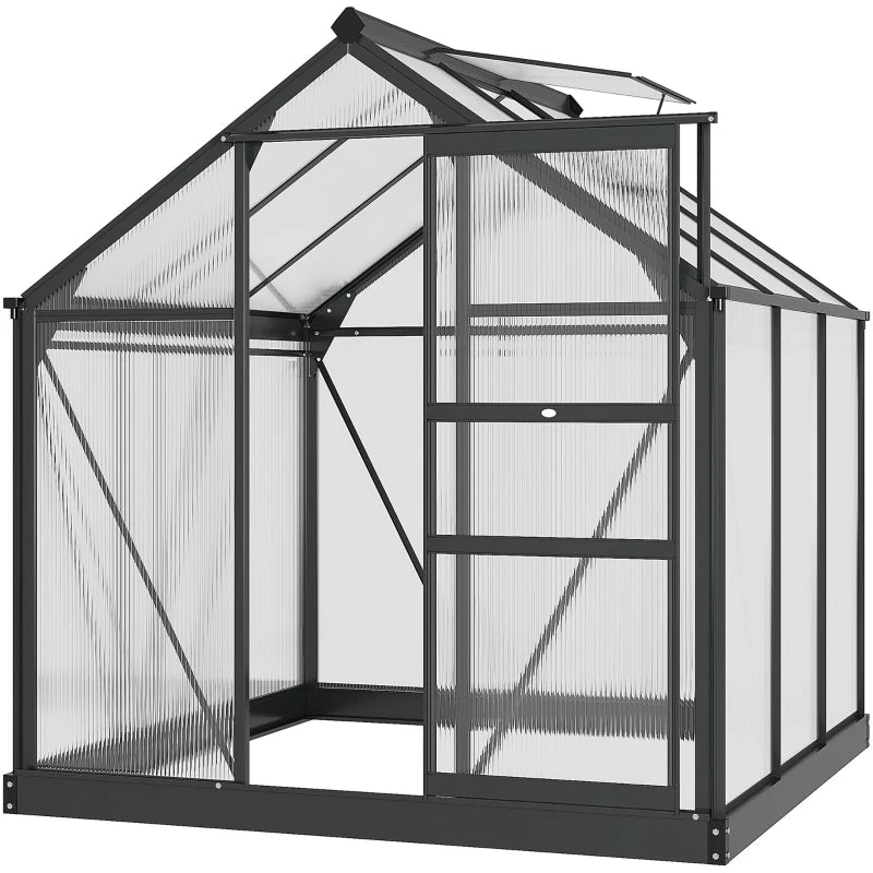 Walk-In Polycarbonate Greenhouse with Sliding Door & Window, 6x6ft Aluminium Frame, Grey