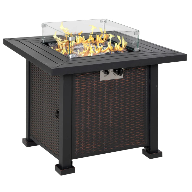 Smokeless Gas Fire Pit Table 50,000 BTU with Lid, Glass Screen, Black 81x81x64cm