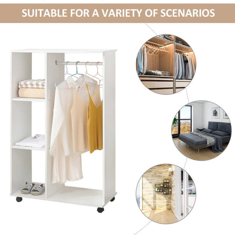 Bedroom Wardrobe with Hanging Rail, 3 Shelves & Wheels, White Finish