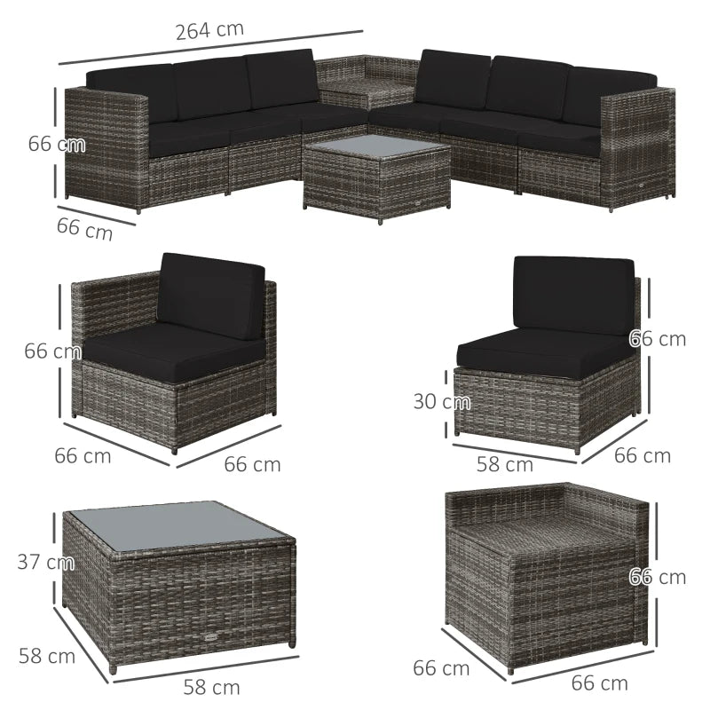 6-Seater Rattan Sofa Set with Cushions and Steel Frame – Grey Outdoor Patio Furniture