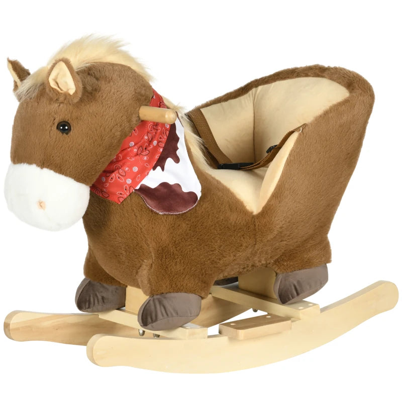 Brown Plush Kids Rocking Horse with Safety Harness, Foot Pedals & Realistic Sounds