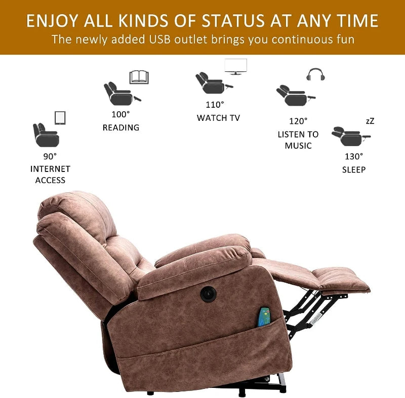 Heated Electric Recliner with Massage & USB – Brown Living Room Chair